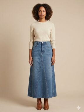 KNOW ONE CAFES DENIM MIDI/MAXI SKIRT HIGH WAIST 100% COTTON A-LINE SIZE M